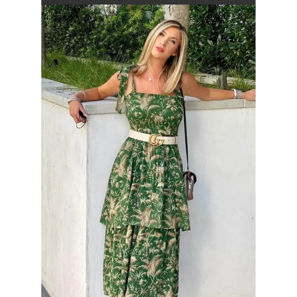 La Vie Rebecca Taylor Talita Smocked Dress Green Tropical Palm Midi XS